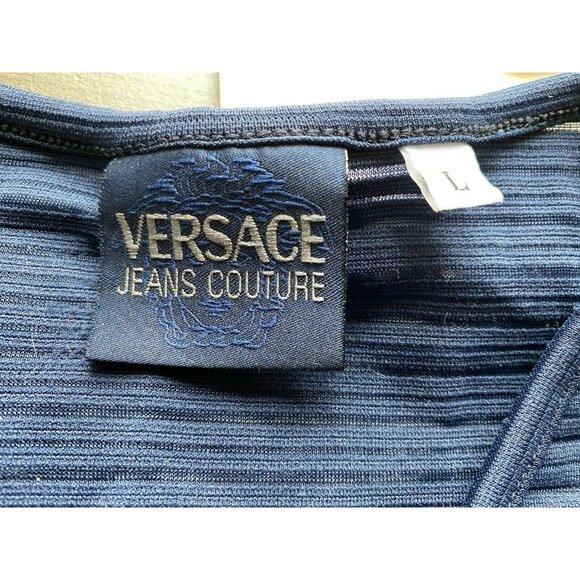 Versace Jeans Navy Blue Stripes Long Sleeve Fitted Sheer Mesh Blouse Top Sz L - Picture 11 of 12